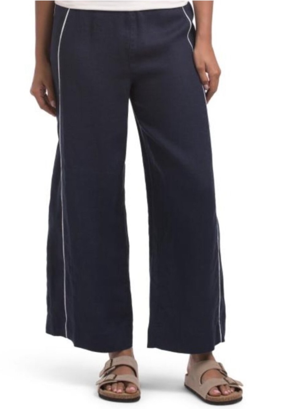 Tahari Navy Blue Linen Wide Leg Pants Size Medium Lagenlook Vacation Coastal